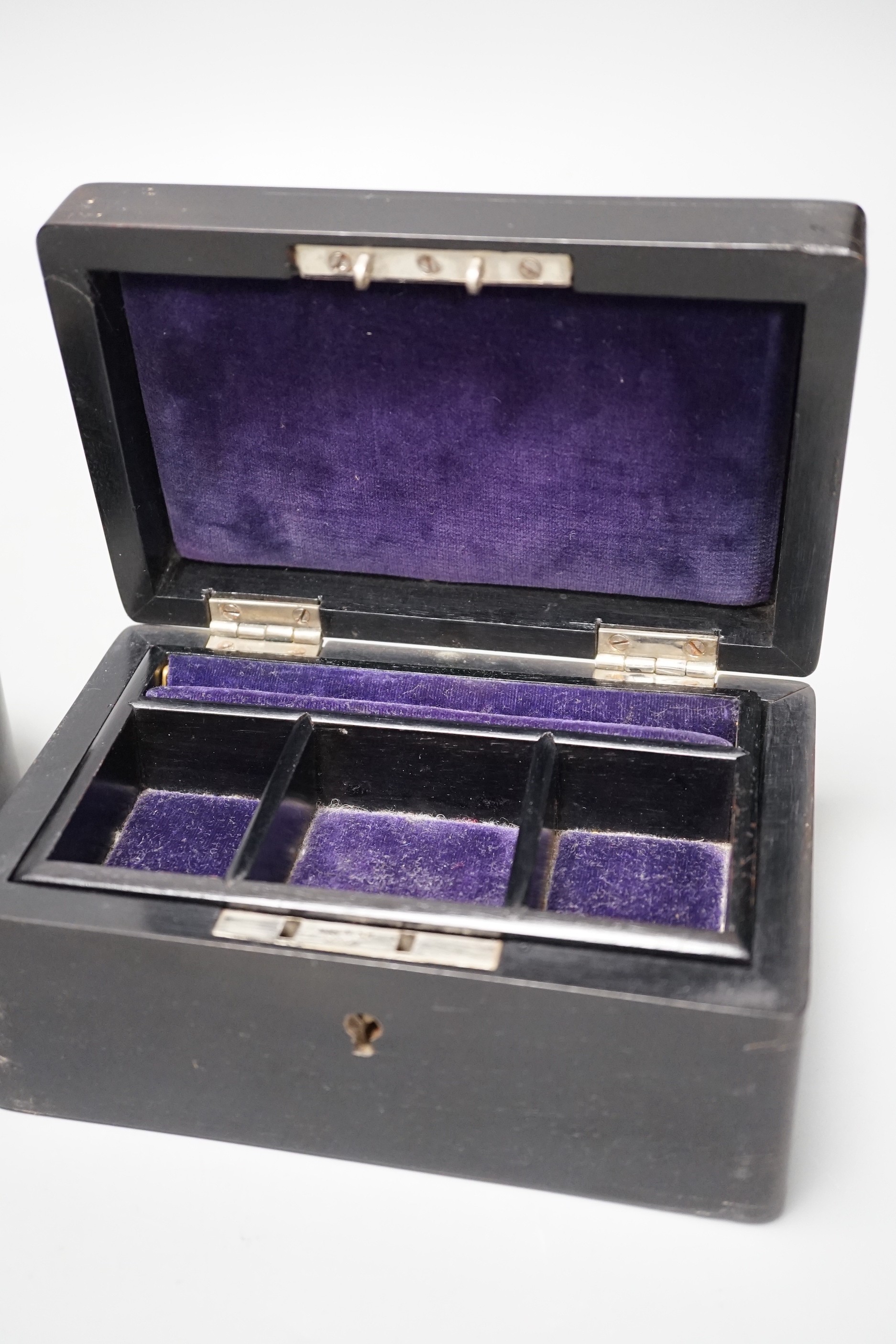 A Victorian silver mounted ebonised 'jewels' box and three jars